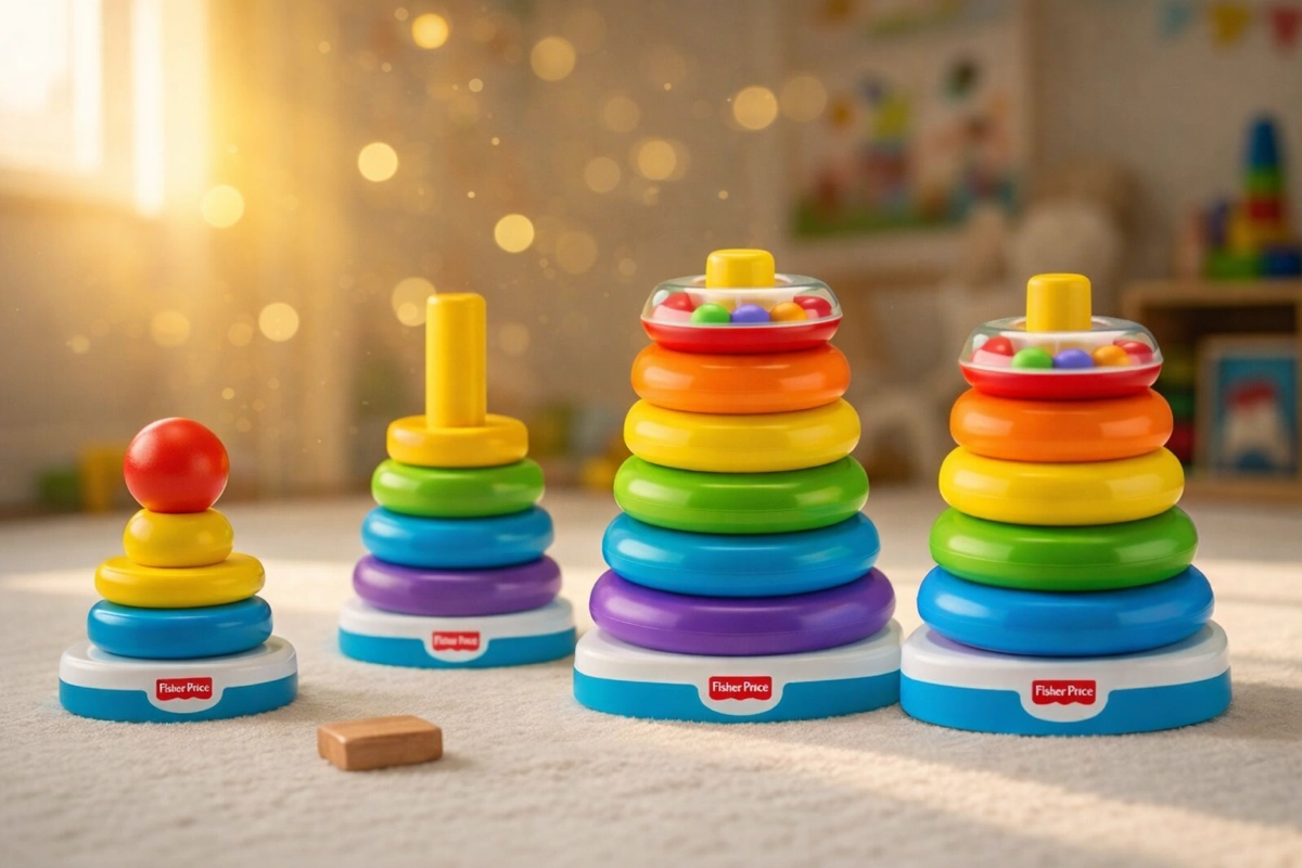 Colorful ring stacker toys in warm sunlight